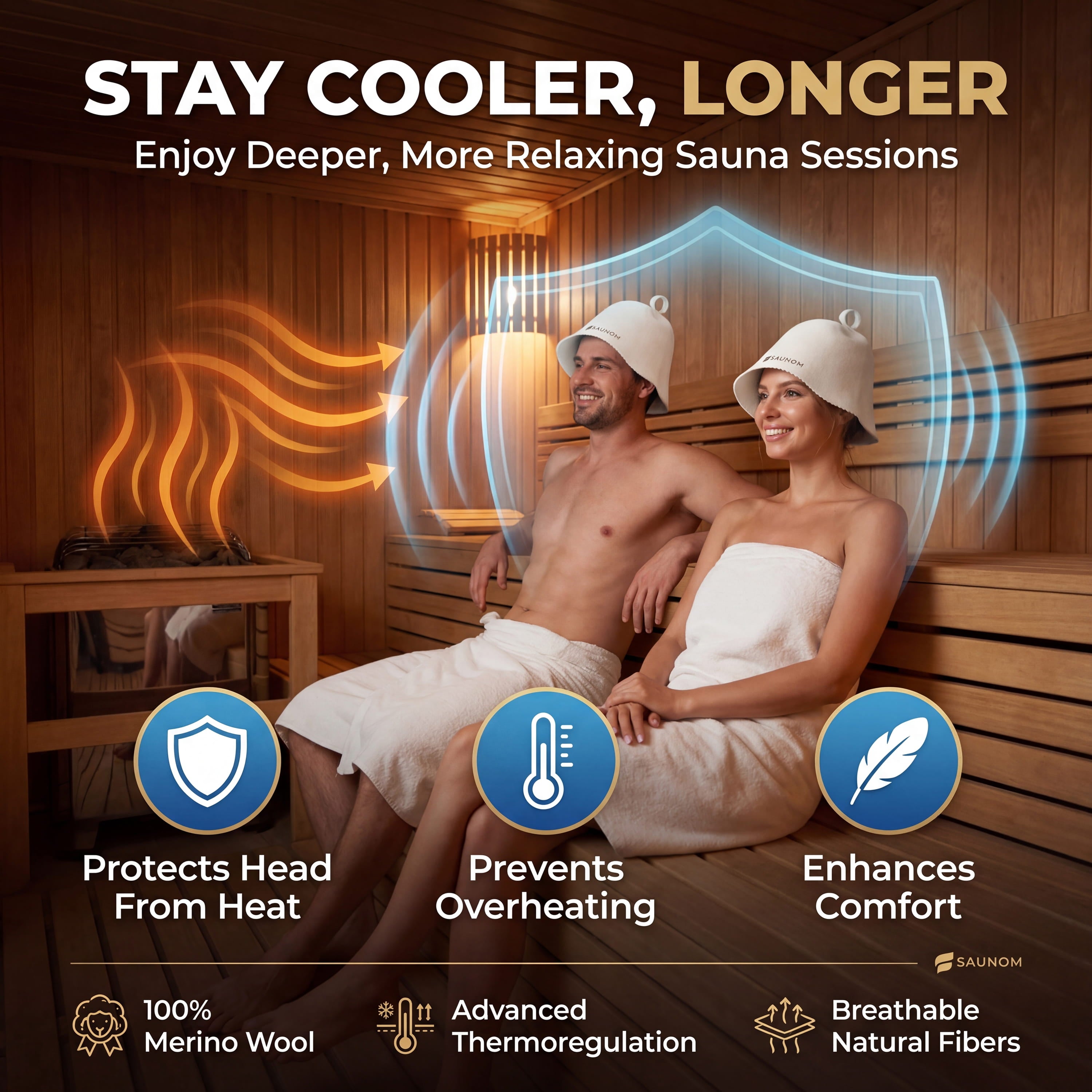 Sauna hat benefit graphic showing heat protection, overheating prevention, and comfort during sauna sessions