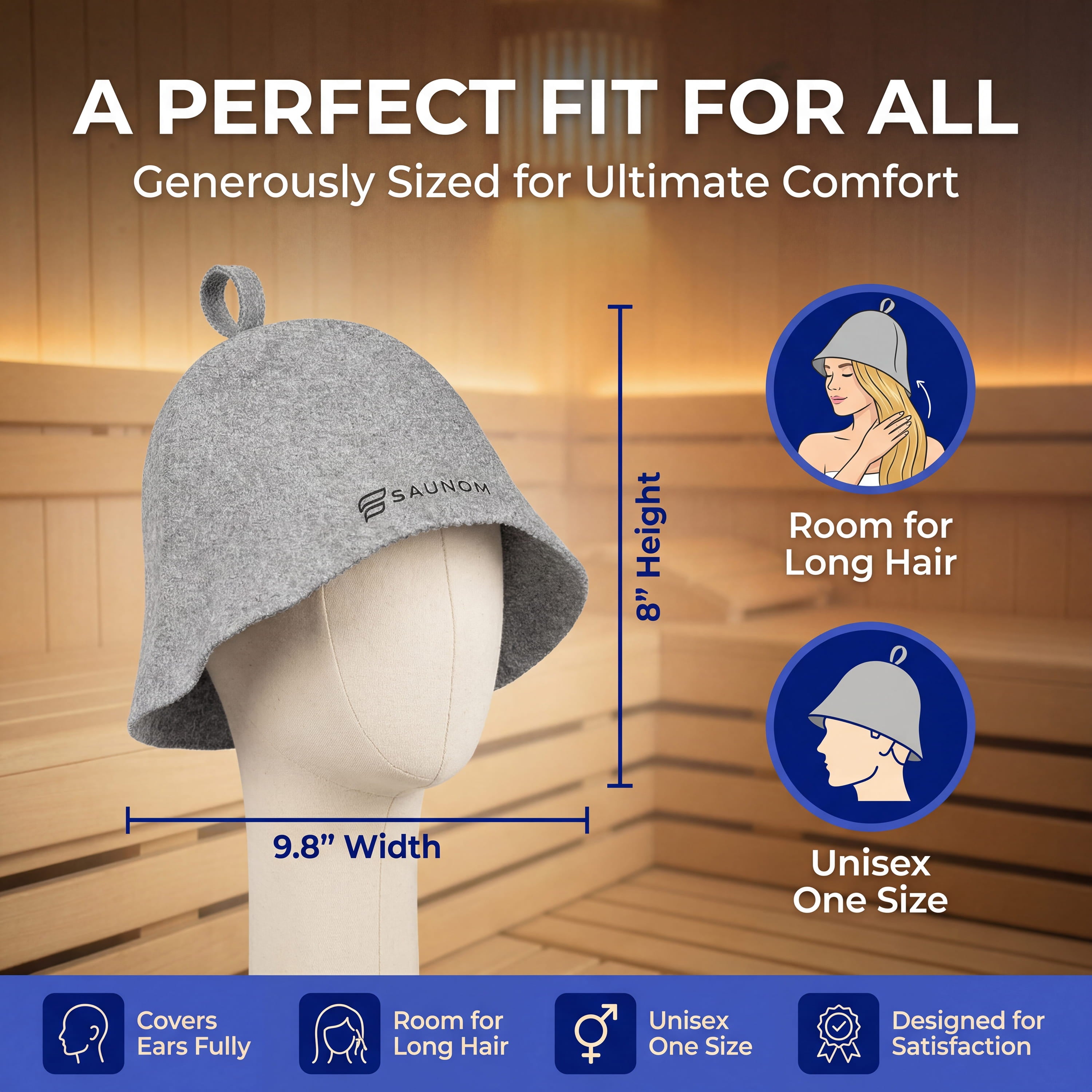 Size guide graphic for a grey SAUNOM sauna hat showing 8 inch height, 9.8 inch width, ear coverage, long hair room, and unisex fit