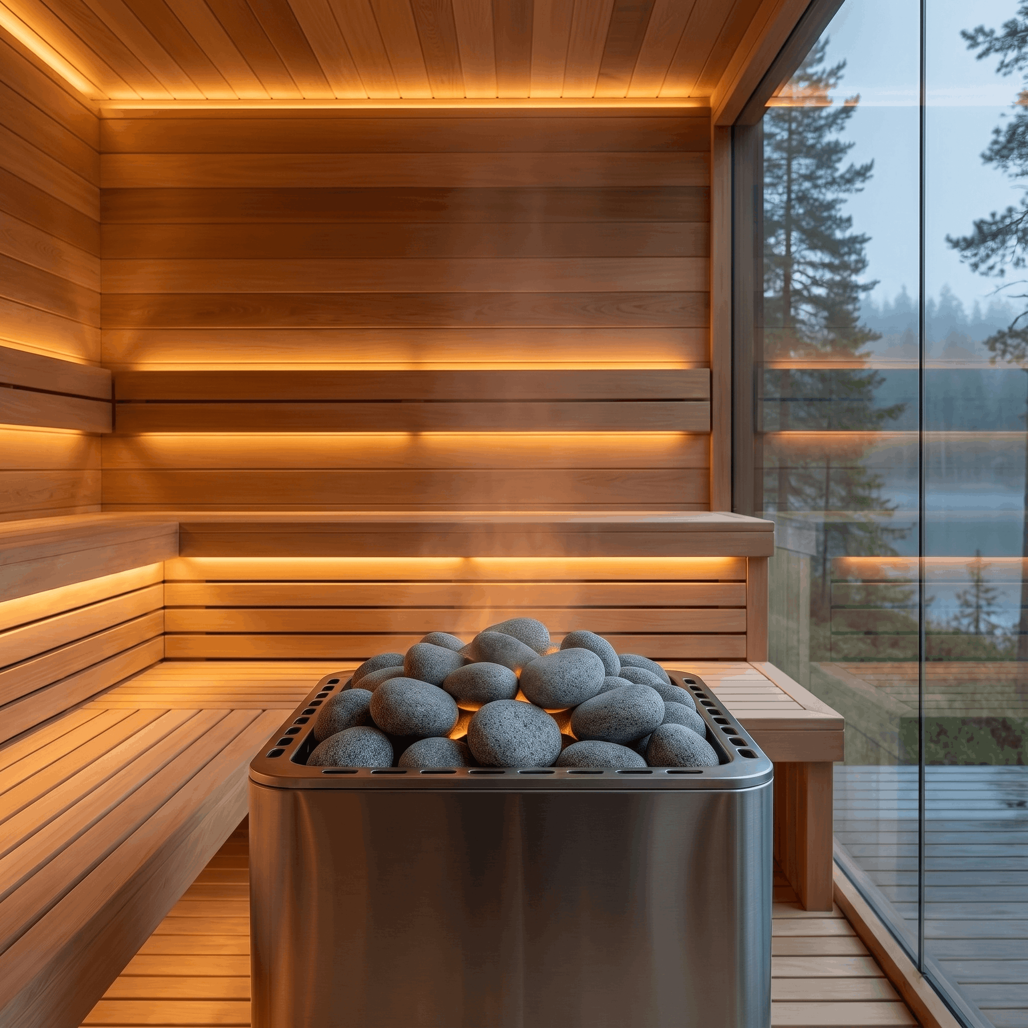 Rounded sauna stones stacked on an electric heater inside a modern wooden sauna