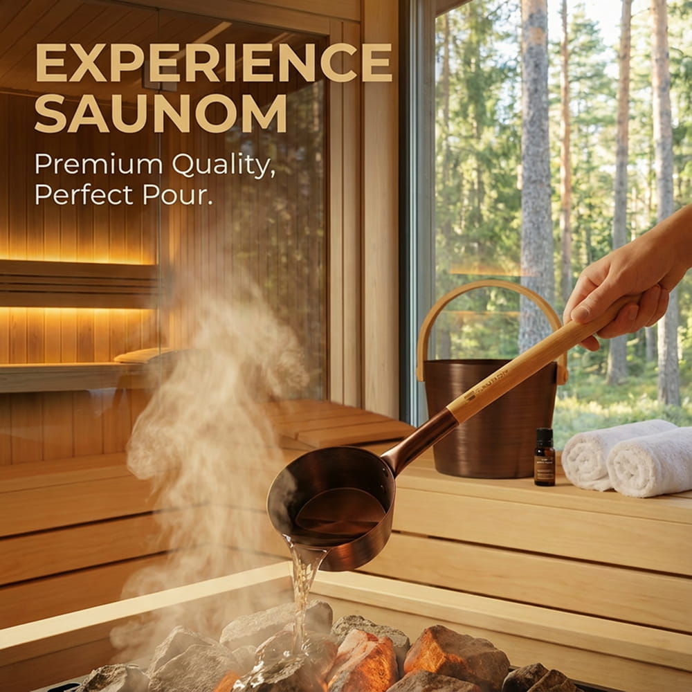 Brown aluminum sauna ladle pouring water over hot sauna stones to make loyly steam