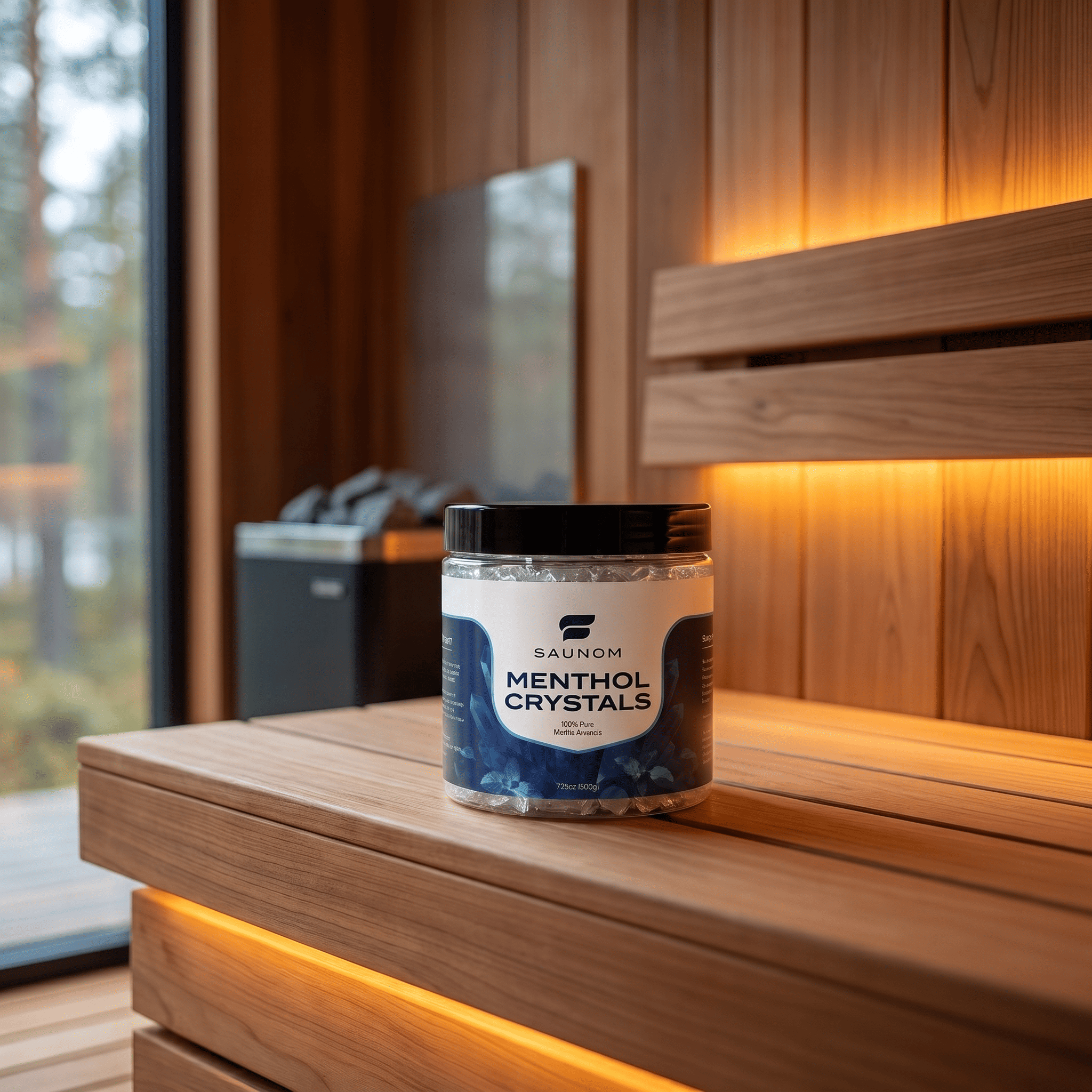 Jar of SAUNOM menthol crystals placed on a wooden sauna bench beside a warm LED-lit wall