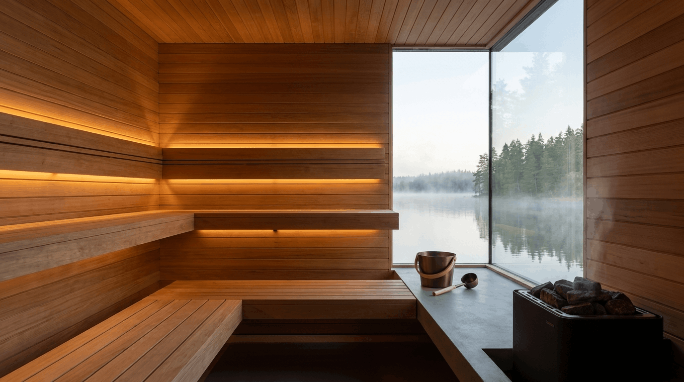 Modern wood sauna interior with warm LED lighting, lake view, sauna heater, bucket, and ladle