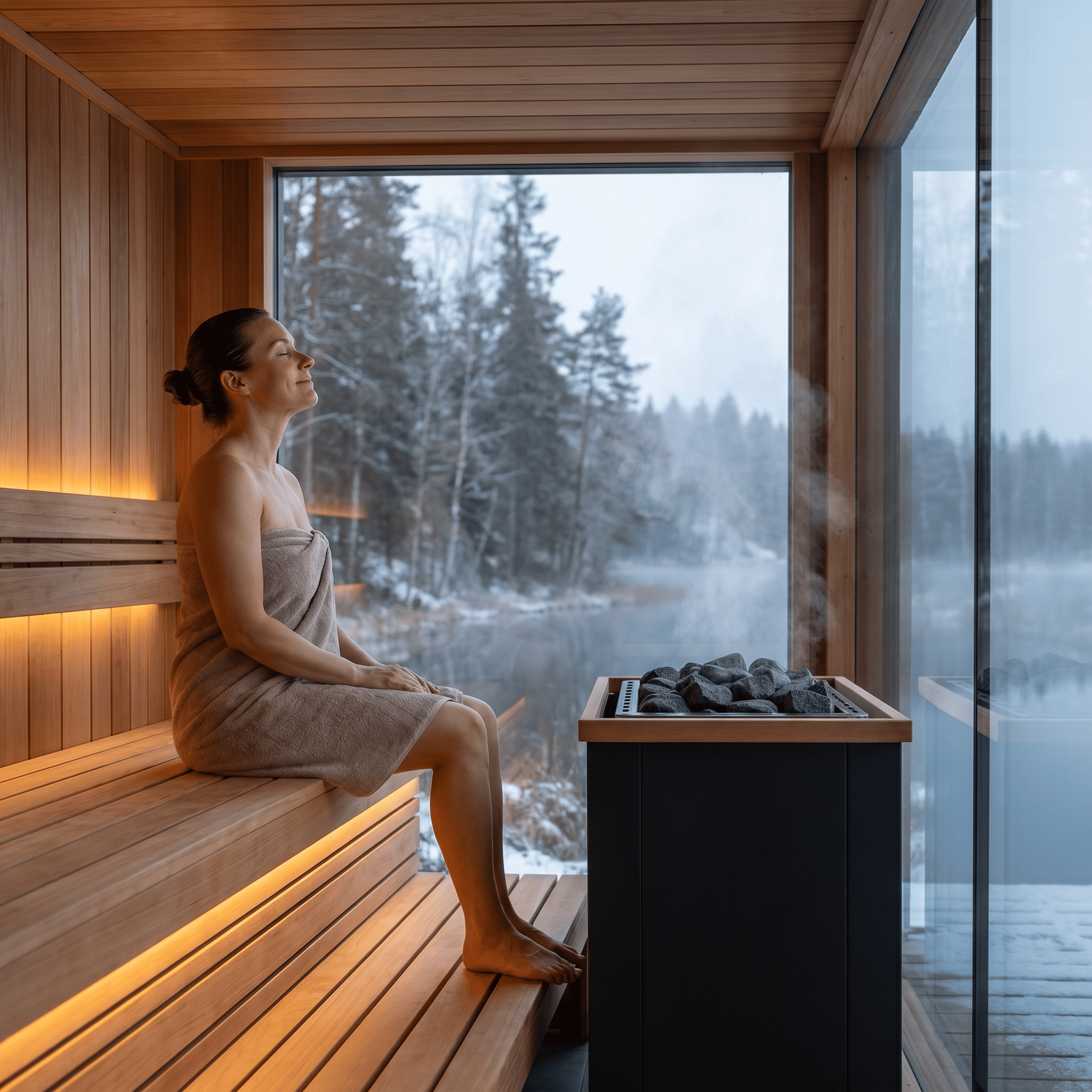 Woman relaxing in a modern wooden sauna with steam rising from the heater and a snowy lake view outside