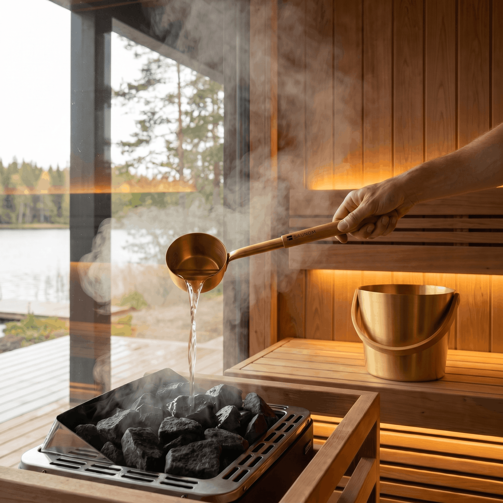 Gold SAUNOM ladle pouring water onto sauna rocks with steam rising inside a modern wooden sauna