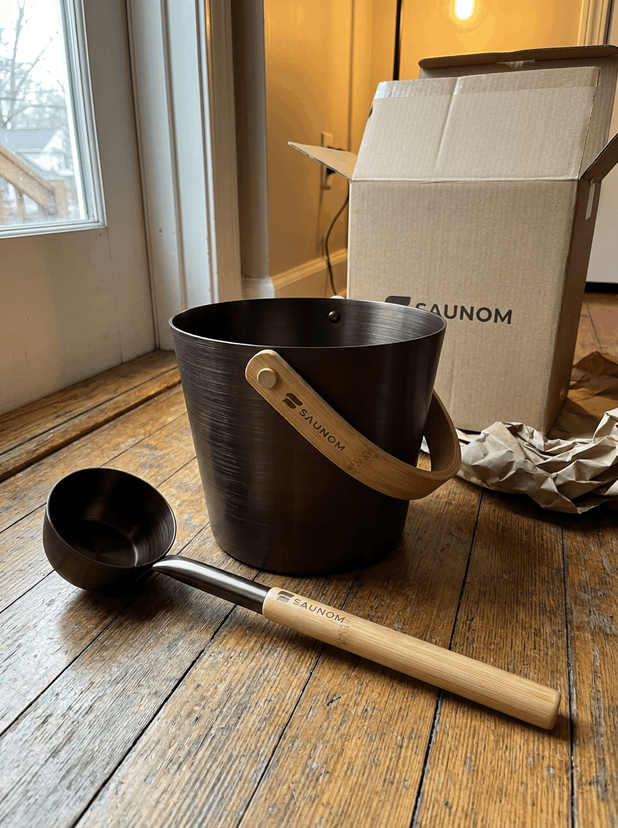 SAUNOM sauna water bucket and ladle displayed on a rustic wooden floor beside an open branded shipping box and packing paper