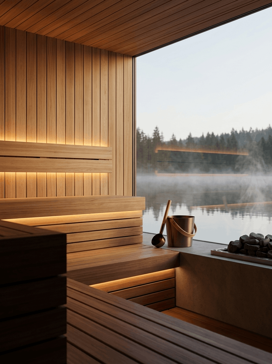 Modern wood sauna interior with warm LED lighting, lake view, sauna heater, bucket, and ladle