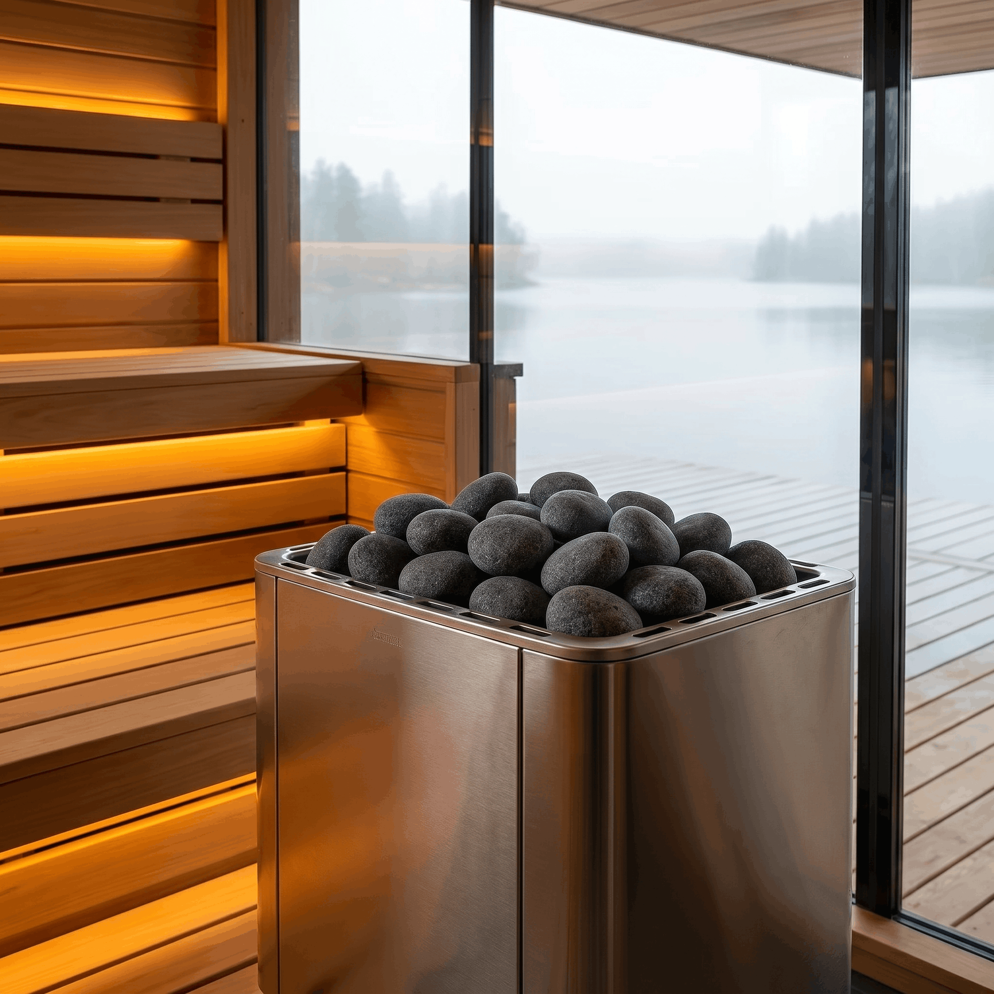 Modern wooden sauna with rounded heater stones and a misty lake view through large glass windows