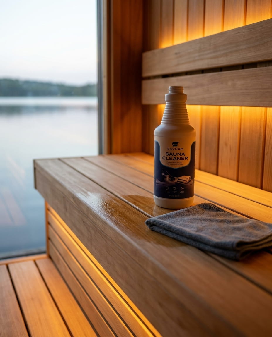 Freshly cleaned honey cedar sauna interior cleaned with Saunom sauna wood cleaner