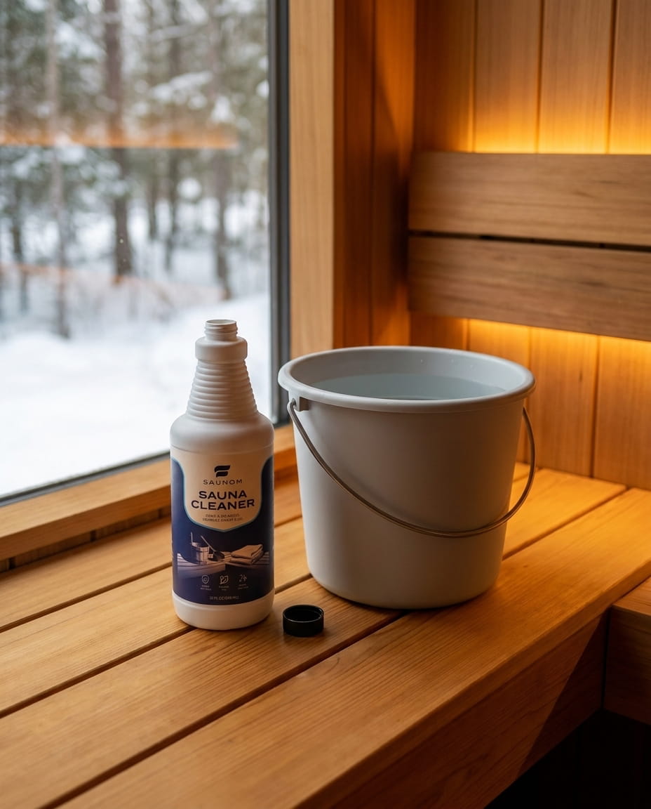Saunom sauna cleaner bottle beside a plastic bucket of warm water, diluted concentrate ready to use