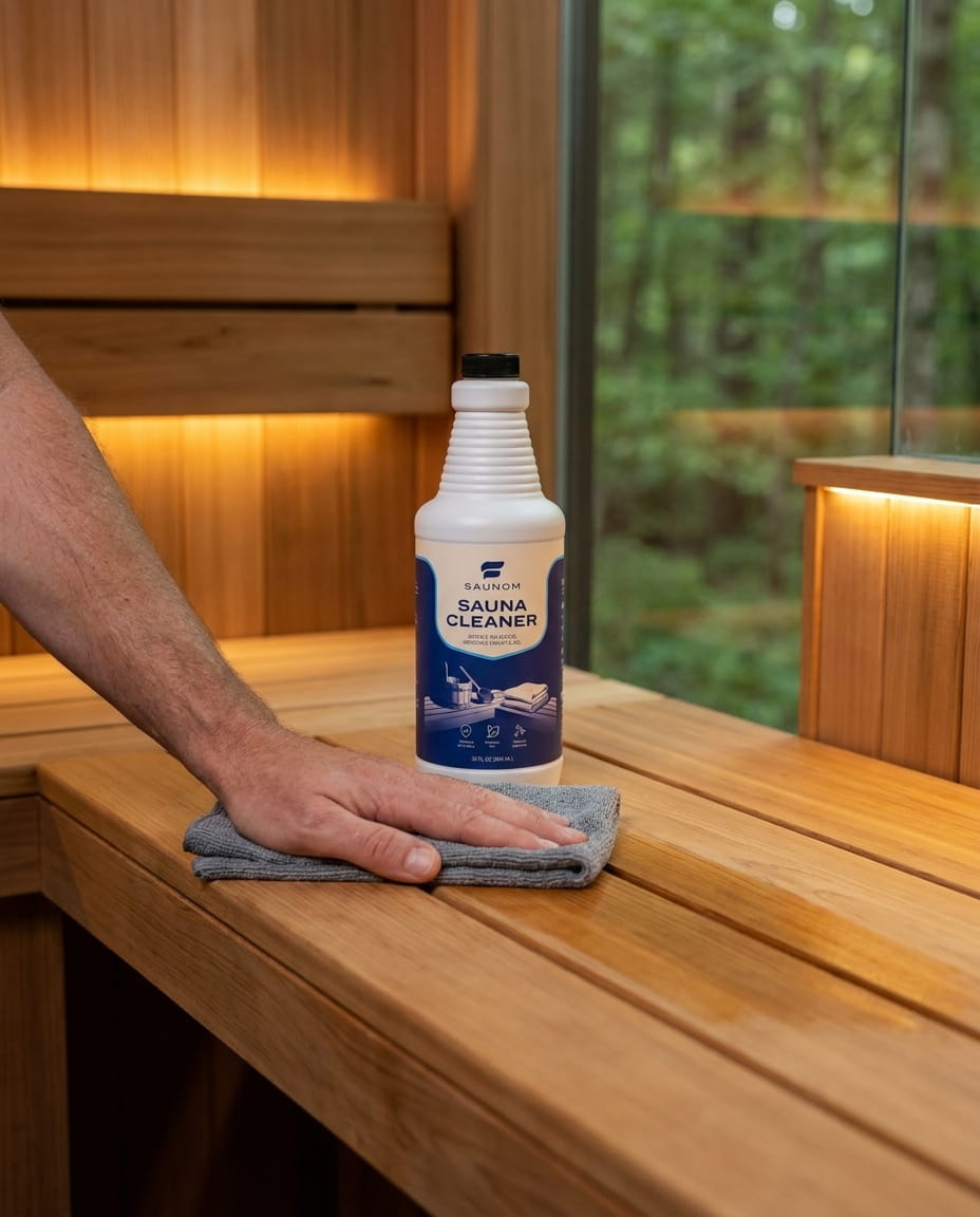 A hand wiping a sauna bench with Saunom sauna cleaner, lifting sweat and body oil from the wood