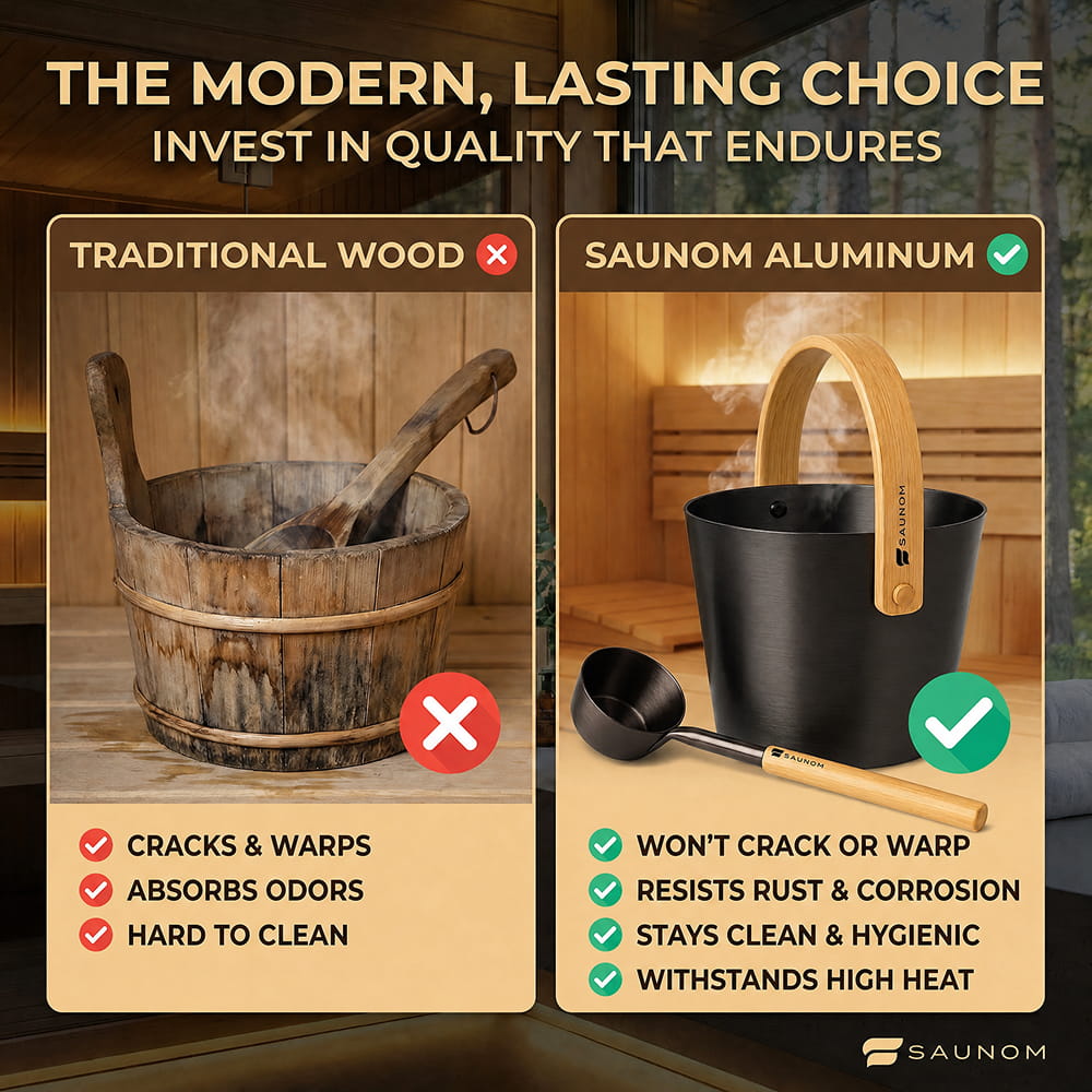 Traditional wooden sauna bucket compared with a SAUNOM aluminum bucket, highlighting durability and cleaning differences.