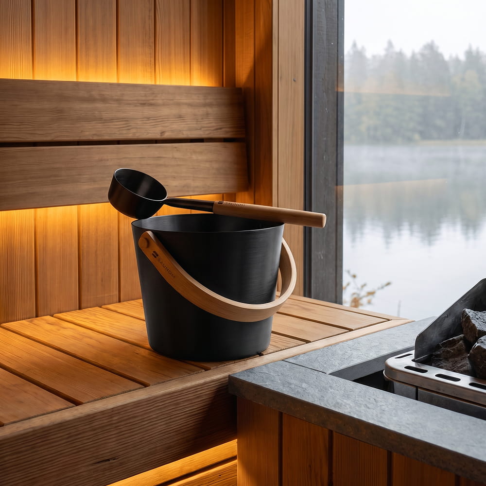 SAUNOM black sauna bucket with a bamboo handle and matching ladle resting across the rim on a wooden bench.