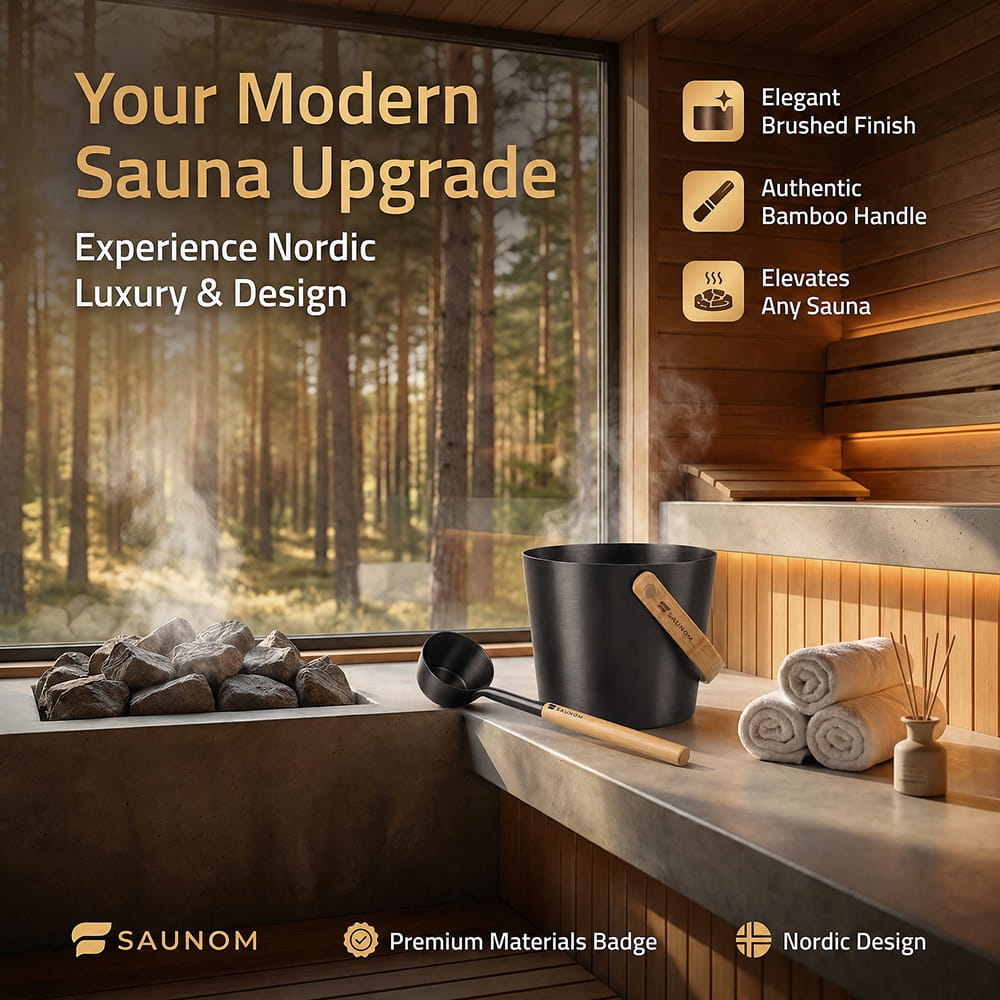 SAUNOM black sauna bucket and ladle with a brushed finish and bamboo handles, displayed beside towels in a modern sauna.

