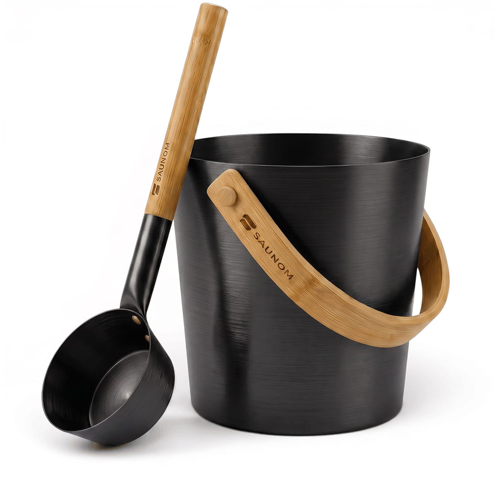 SAUNOM black sauna water bucket and matching ladle with bamboo handles on a white background.