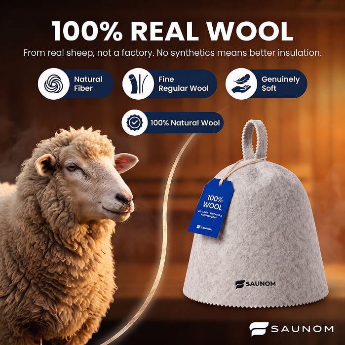 Grey Saunom Havu wool sauna hat beside a sheep