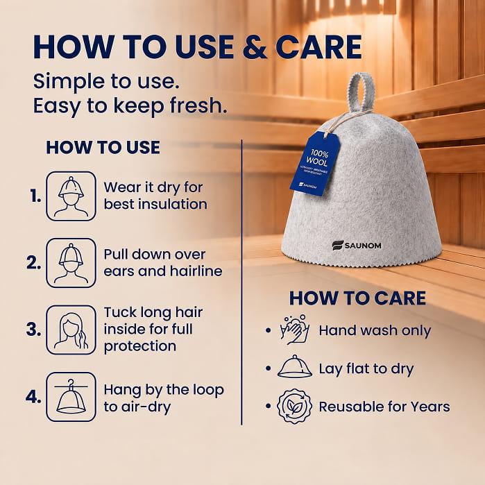 Grey Saunom Havu wool sauna hat use and care instructions