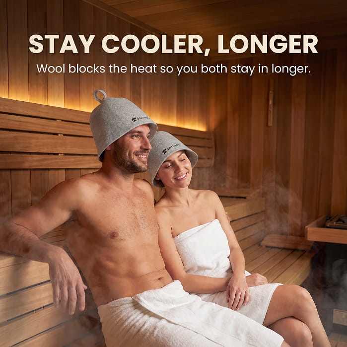 Couple wearing grey wool sauna hats in a traditional sauna