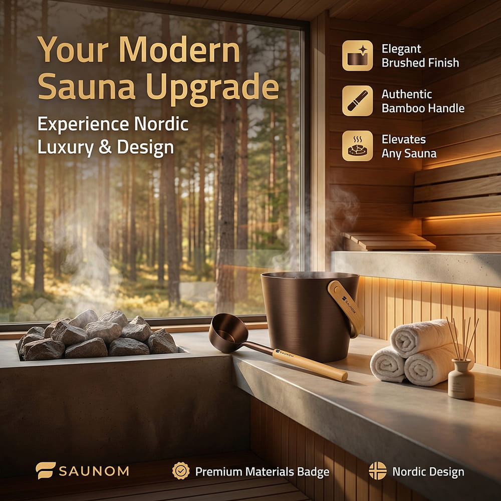 Brown Saunom sauna bucket and ladle set beside a heater in a Finnish-style sauna