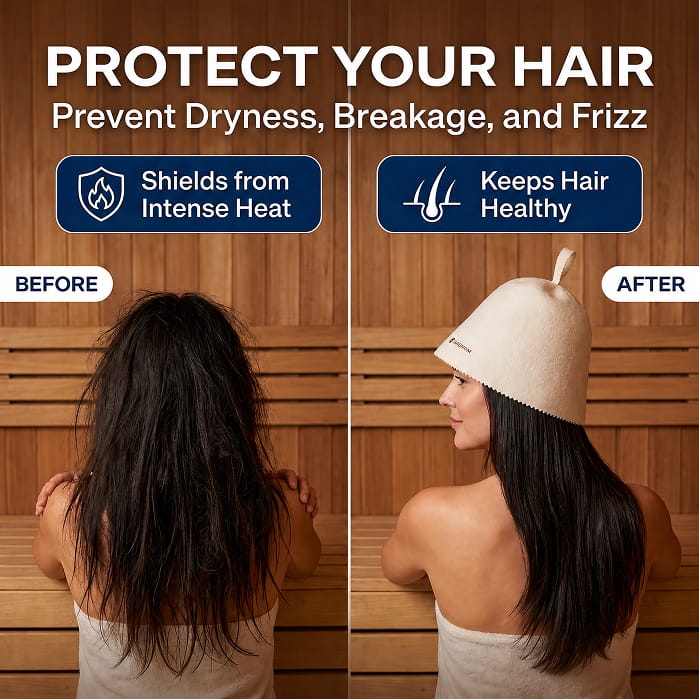Woman wearing a white merino wool sauna hat in a sauna, before-and-after hair coverage illustration