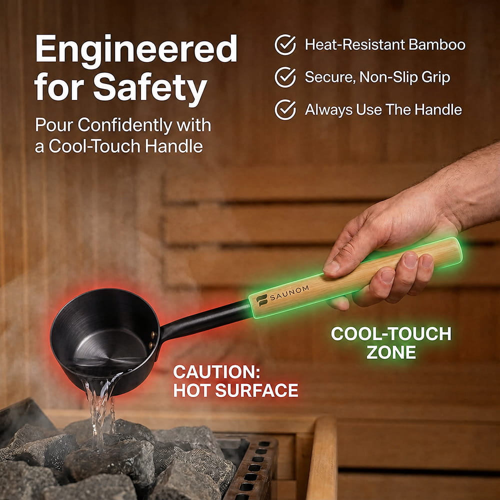 SAUNOM sauna ladle safety diagram highlighting the bamboo grip and warning that the black metal surface becomes hot.