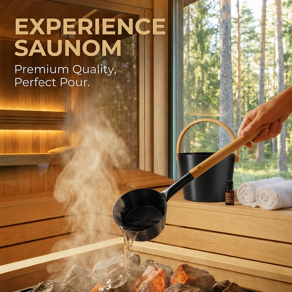 SAUNOM black sauna ladle pouring water onto hot stones, with a matching bamboo-handled bucket on the bench.