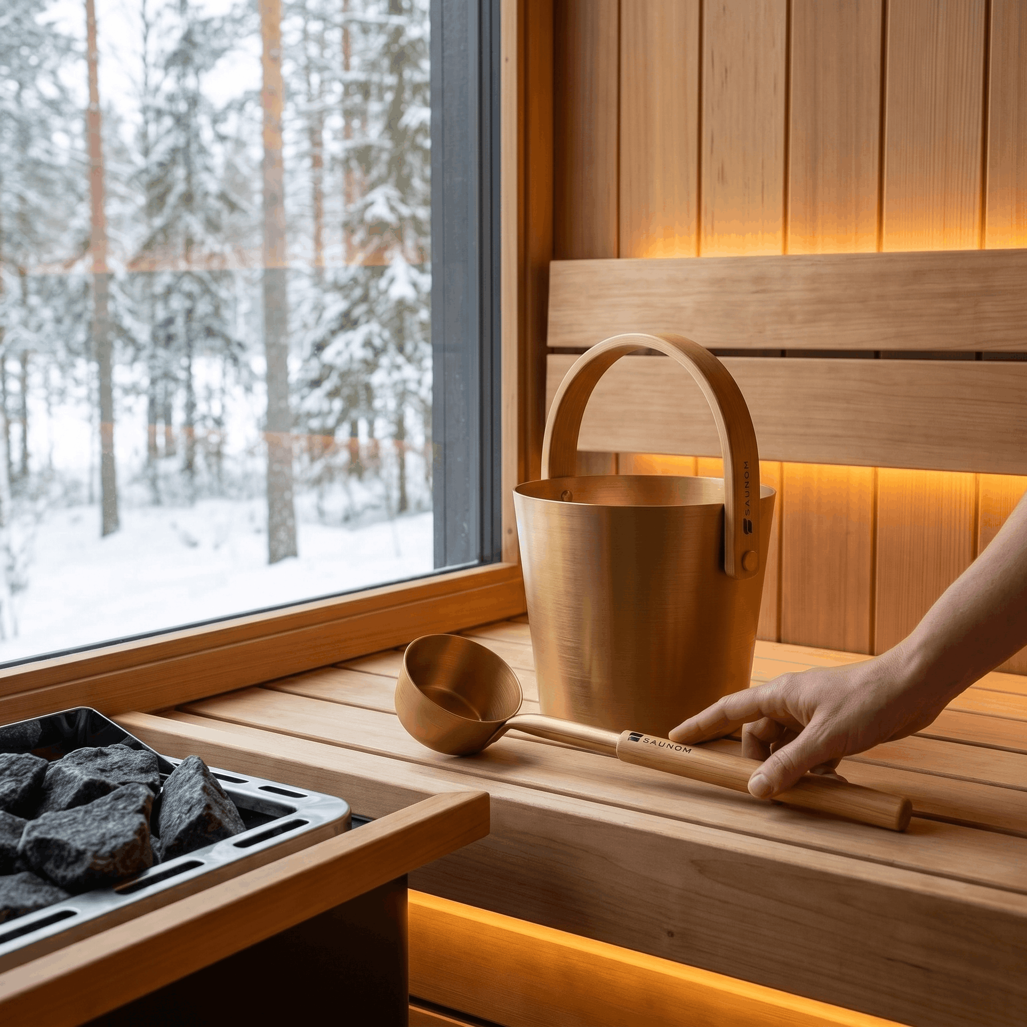 Gold SAUNOM ladle pouring water onto sauna rocks with steam rising inside a modern wooden sauna