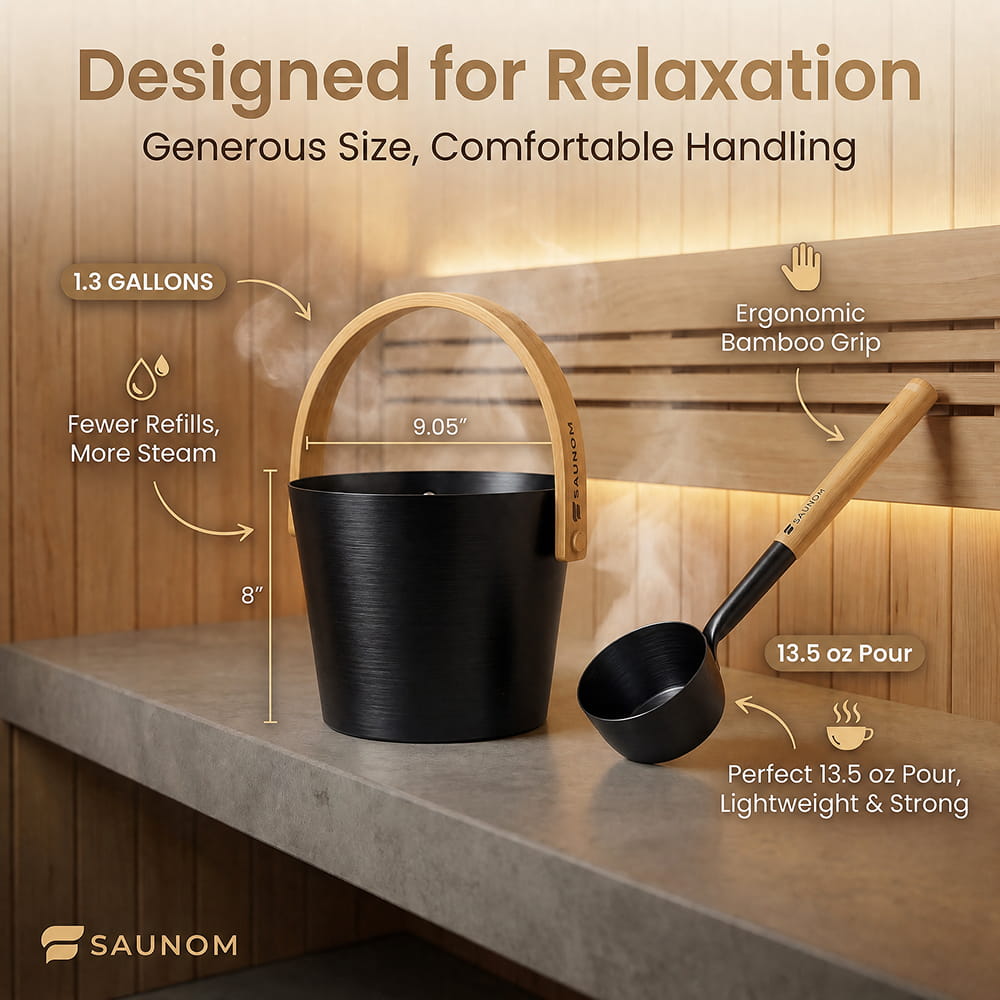 SAUNOM 1.3-gallon sauna water bucket with dimensions of 9.05 inches wide and 8 inches tall, plus a 13.5-ounce ladle.