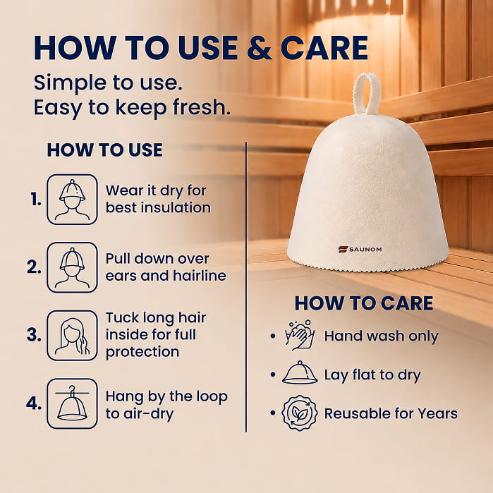 White Saunom Havu merino wool sauna hat use and care instructions