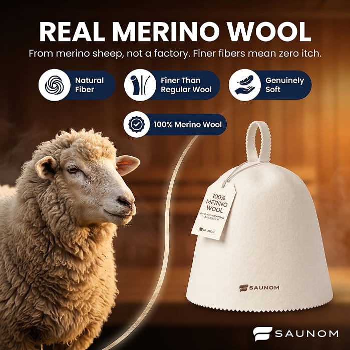 White Saunom Havu merino wool sauna hat beside a merino sheep
