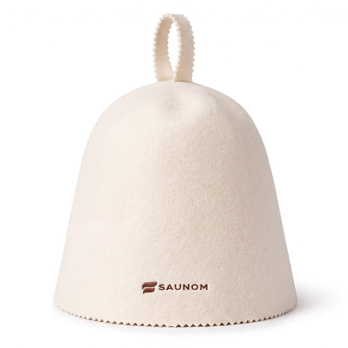 White Saunom Havu merino wool sauna hat, front view