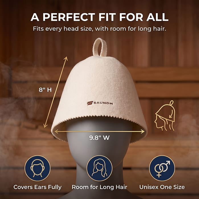 White Saunom Havu merino wool sauna hat size and fit guide