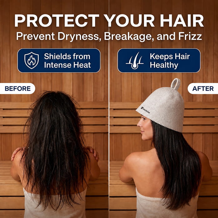 Woman wearing a grey wool sauna hat in a sauna, before-and-after hair coverage illustration