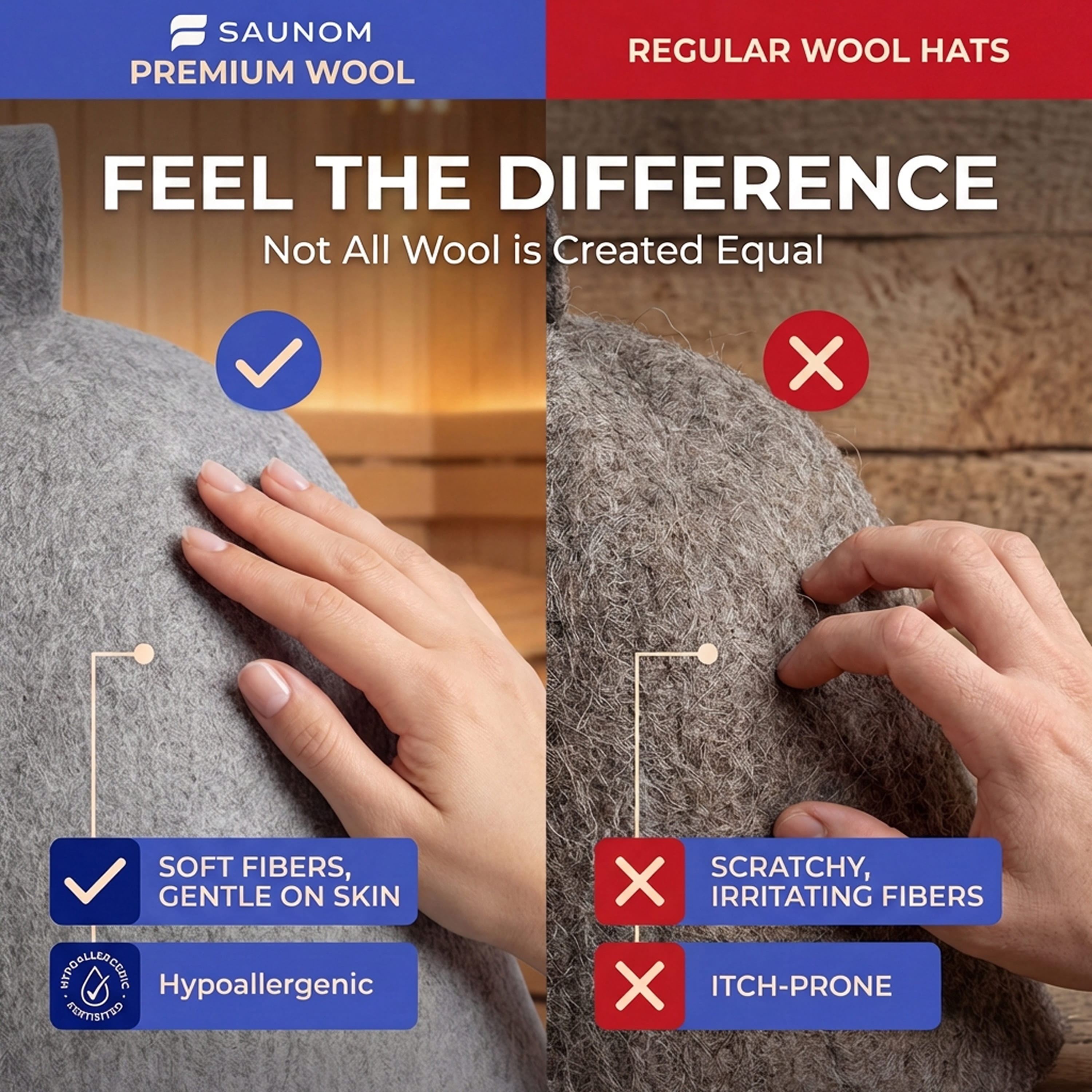 Comparison graphic showing SAUNOM premium wool as soft and gentle versus regular wool hats as scratchy and irritating