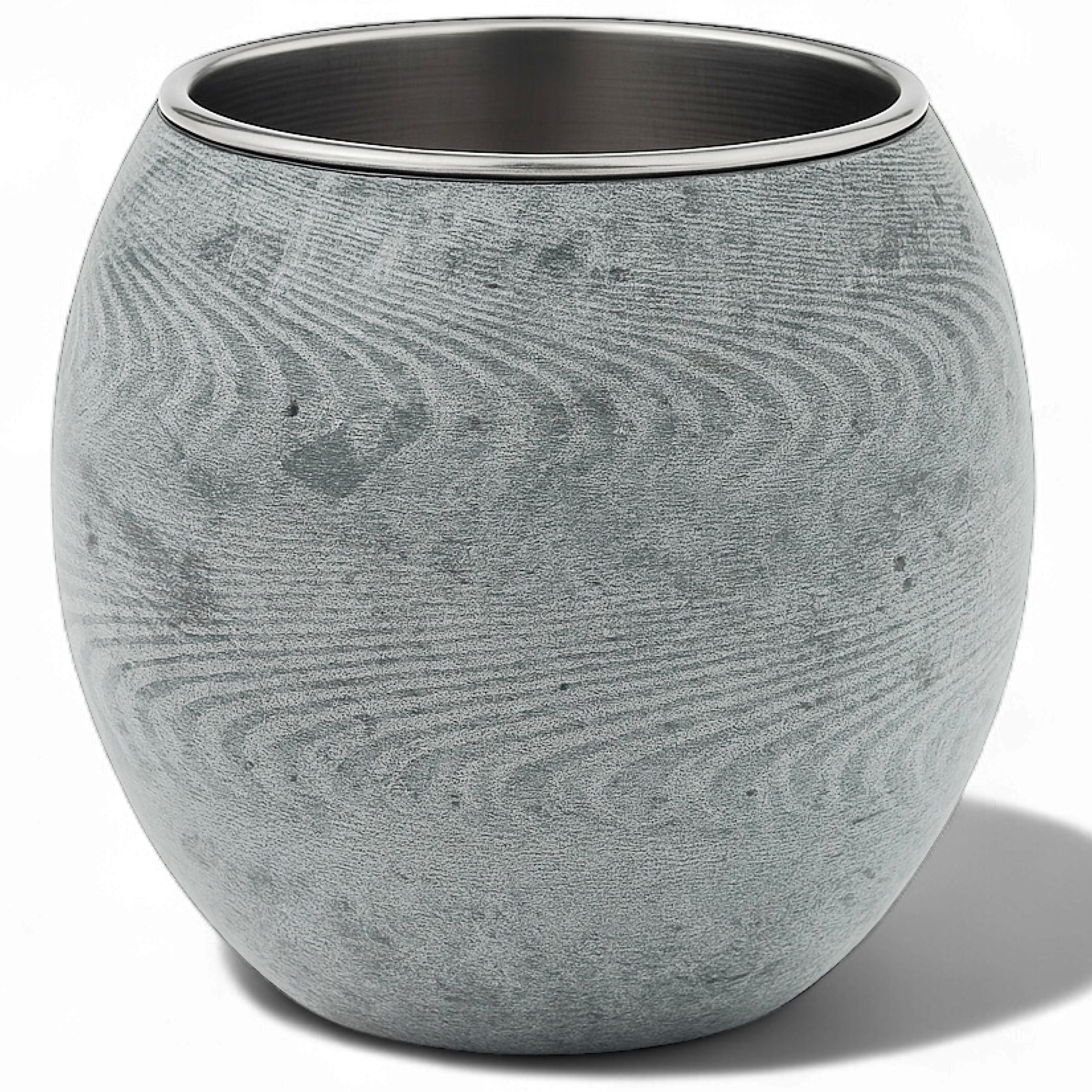 Grey SAUNOM stone sauna aromatherapy cup with silver liner on a white background