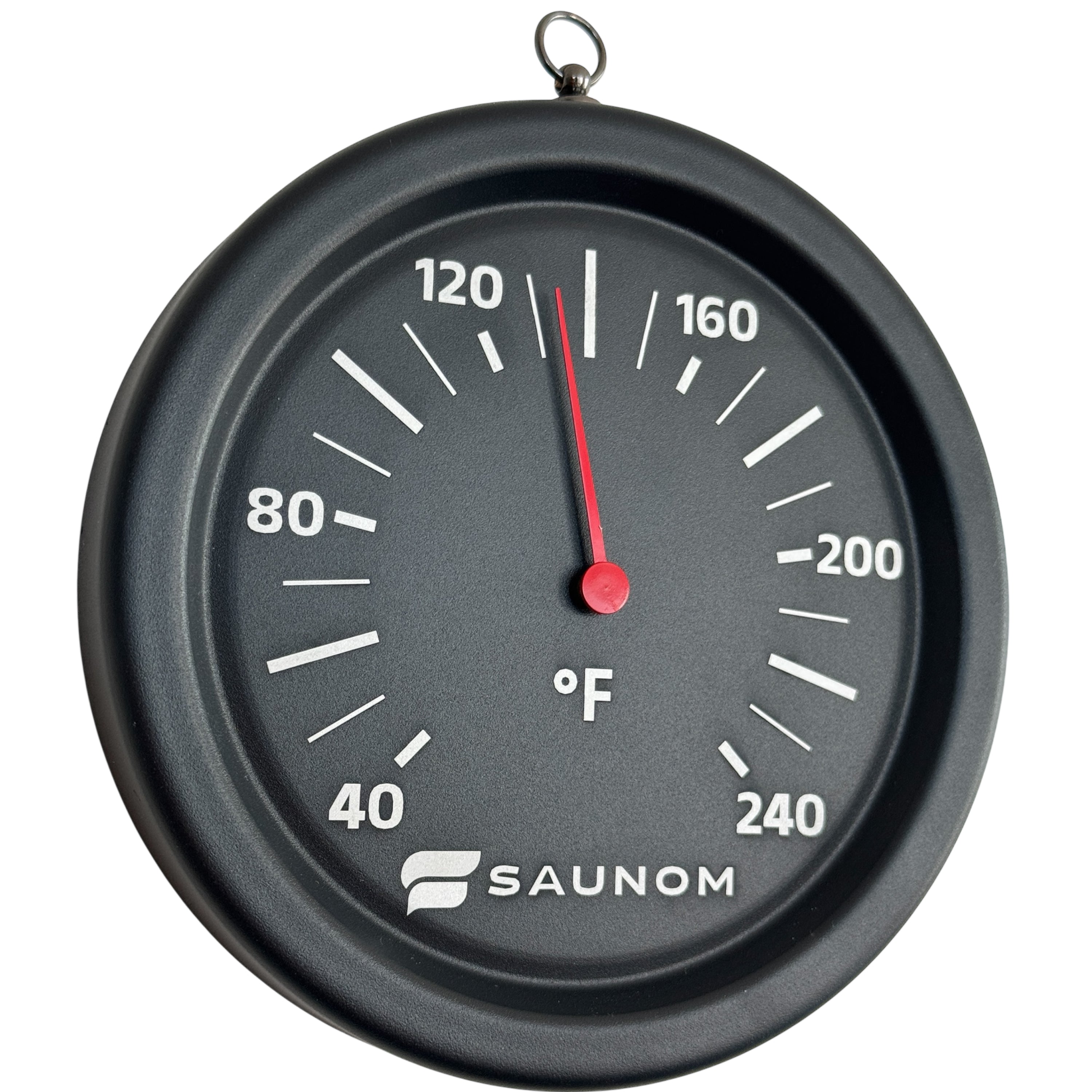 Black SAUNOM rounded sauna thermometer with red needle on a white background
