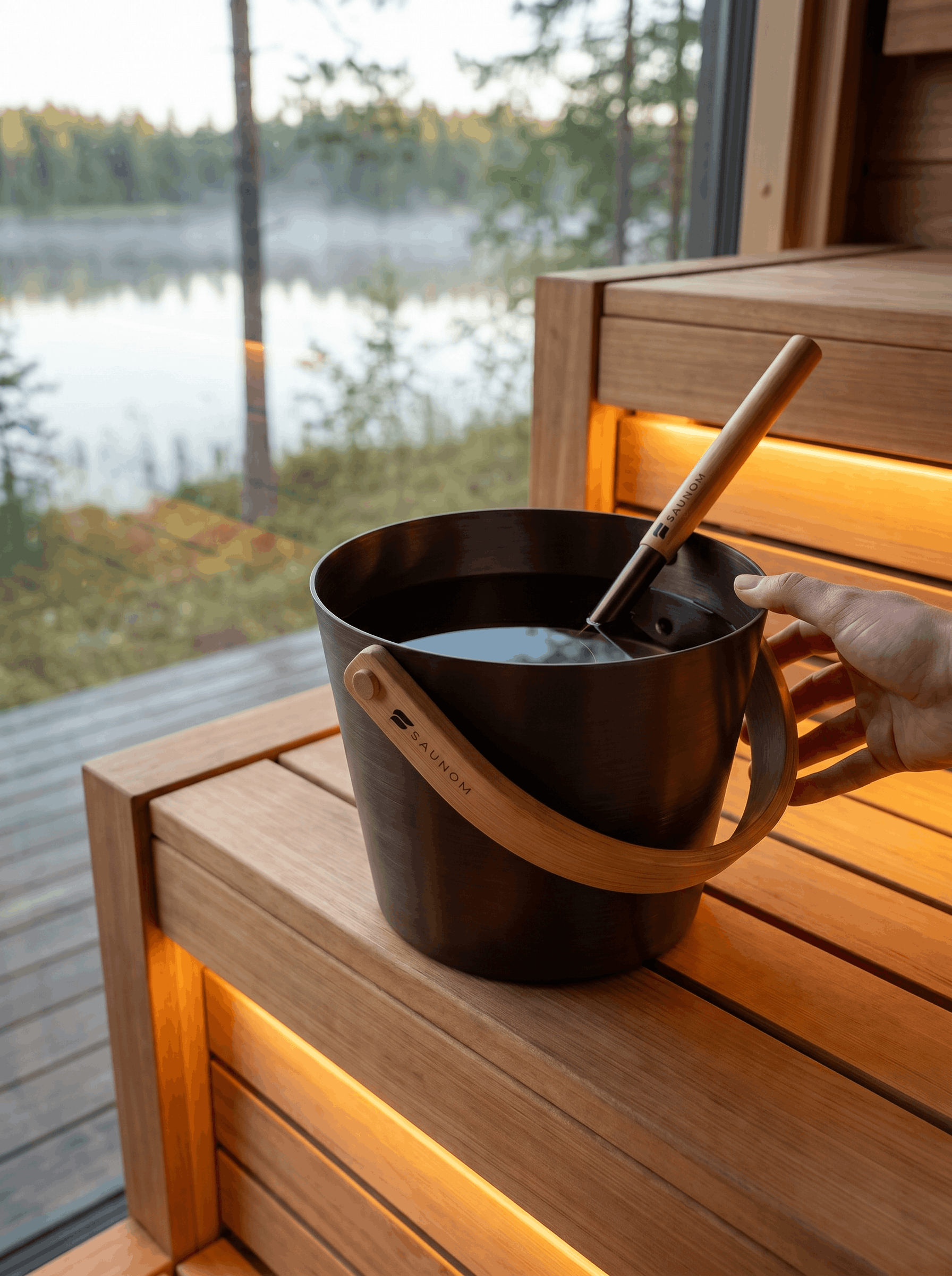 SAUNOM sauna bucket filled with water and matching ladle resting inside on a warm wooden sauna bench