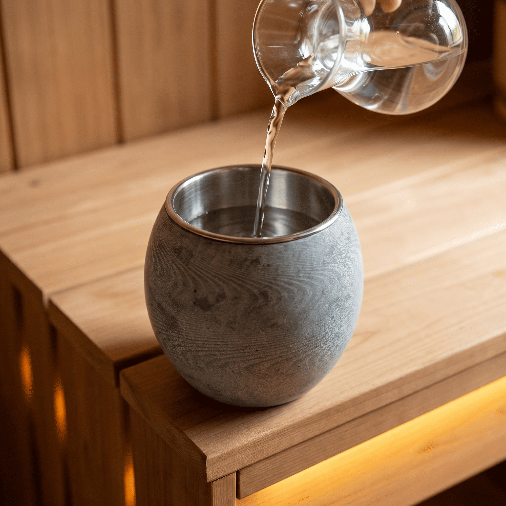 Clear water being poured from a glass into a grey soapstone aromatherapy cup on a sauna bench