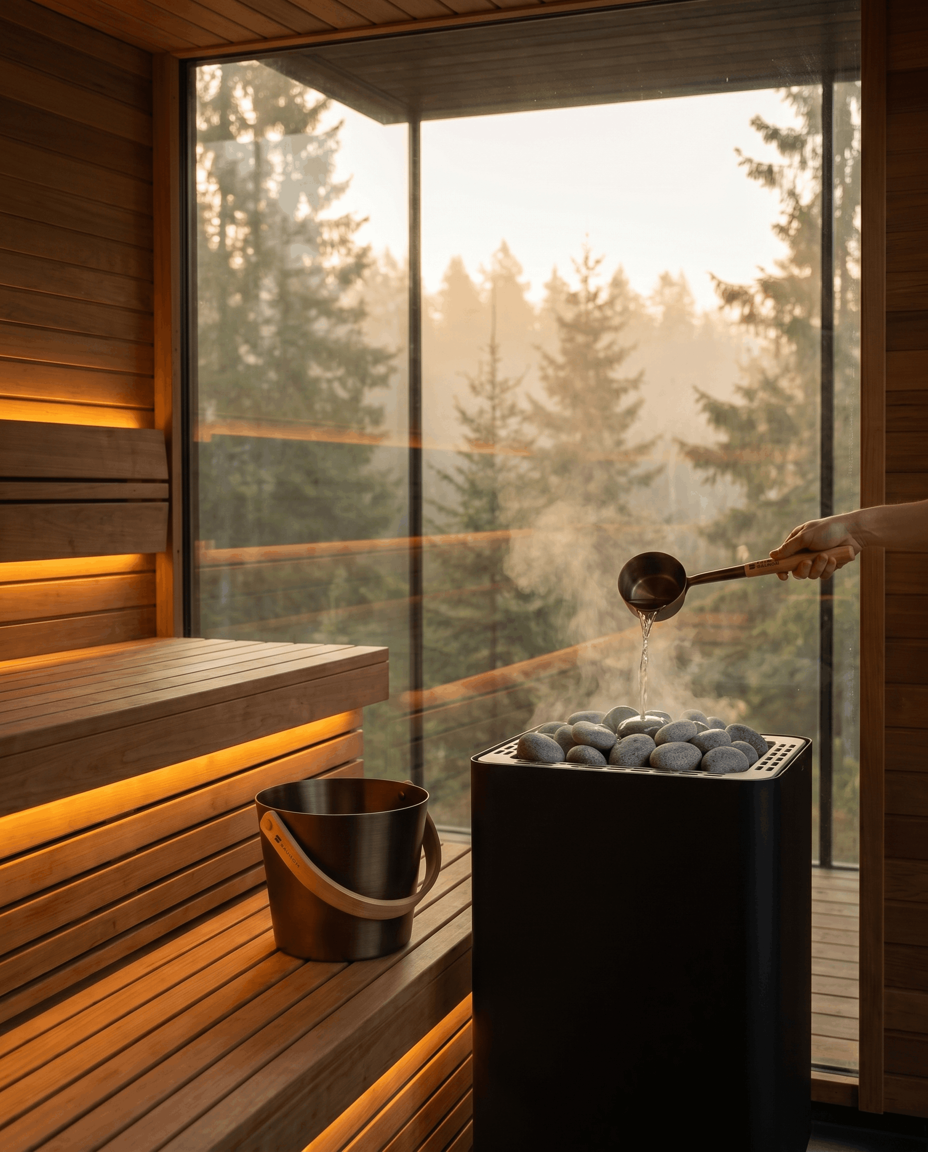 Water being poured from a sauna ladle onto rounded sauna stones with steam rising in a modern wooden sauna