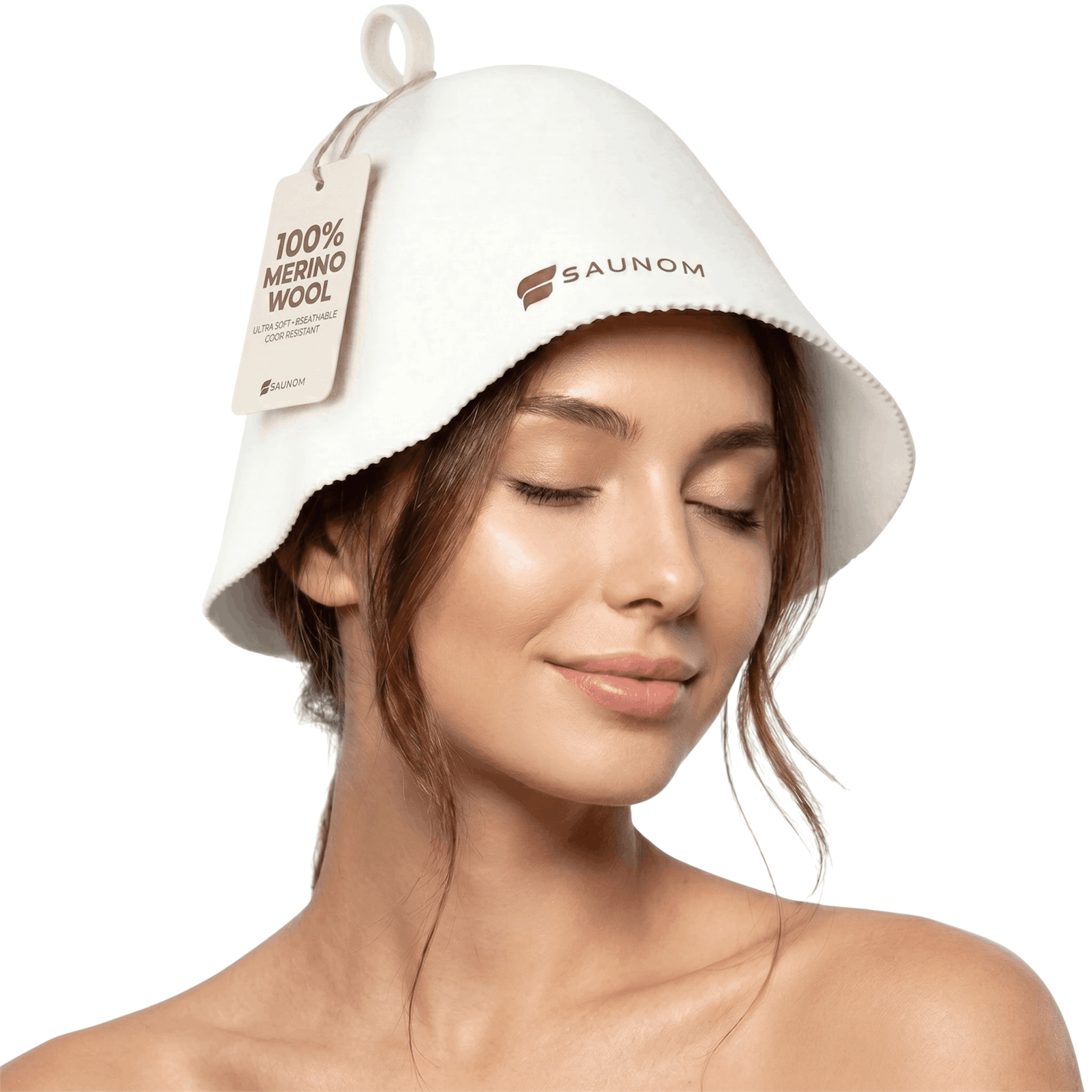Studio portrait of a woman wearing a white SAUNOM merino wool sauna hat with product tag