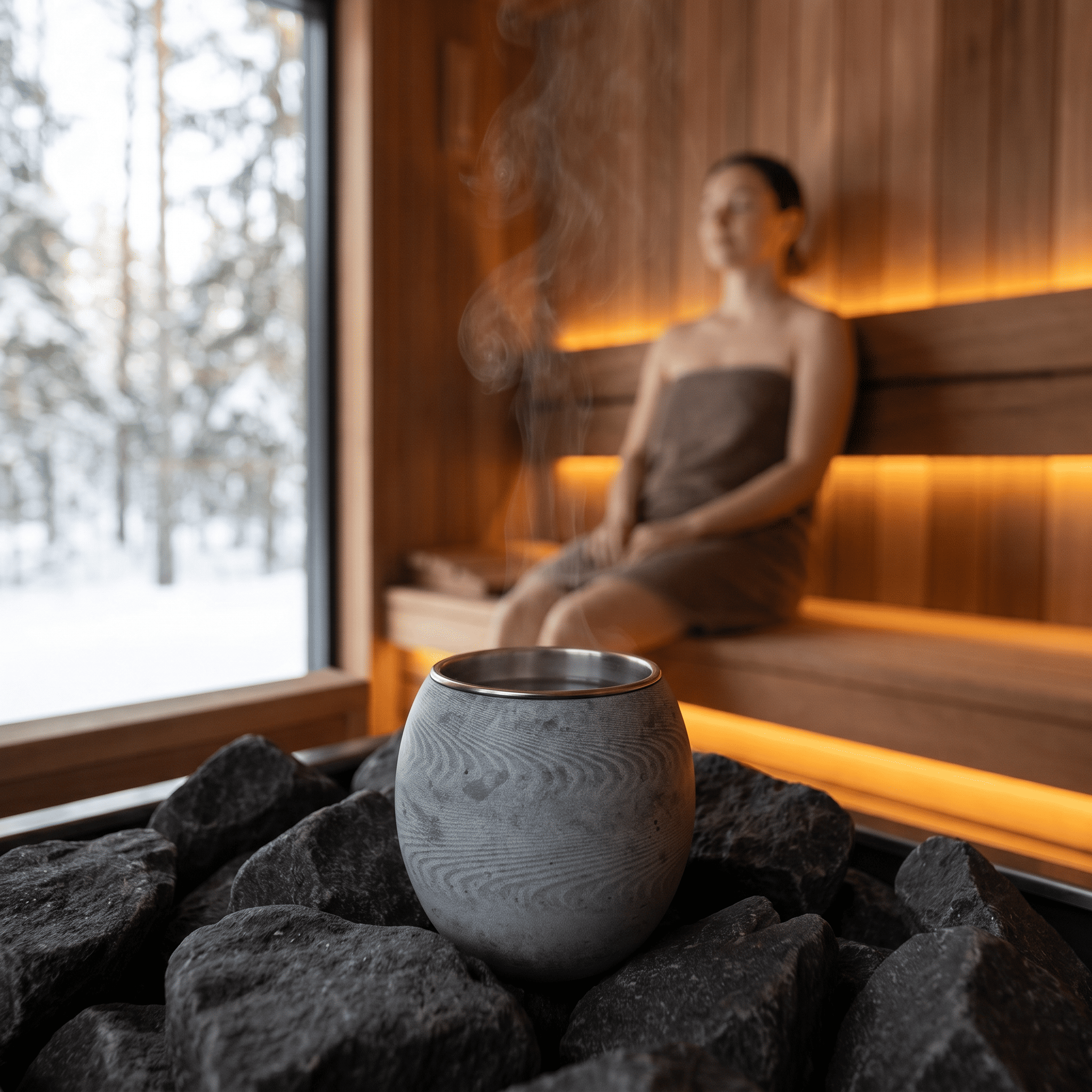 Woman relaxing in a warm wooden sauna while a soapstone aromatherapy cup steams gently on the heater stones