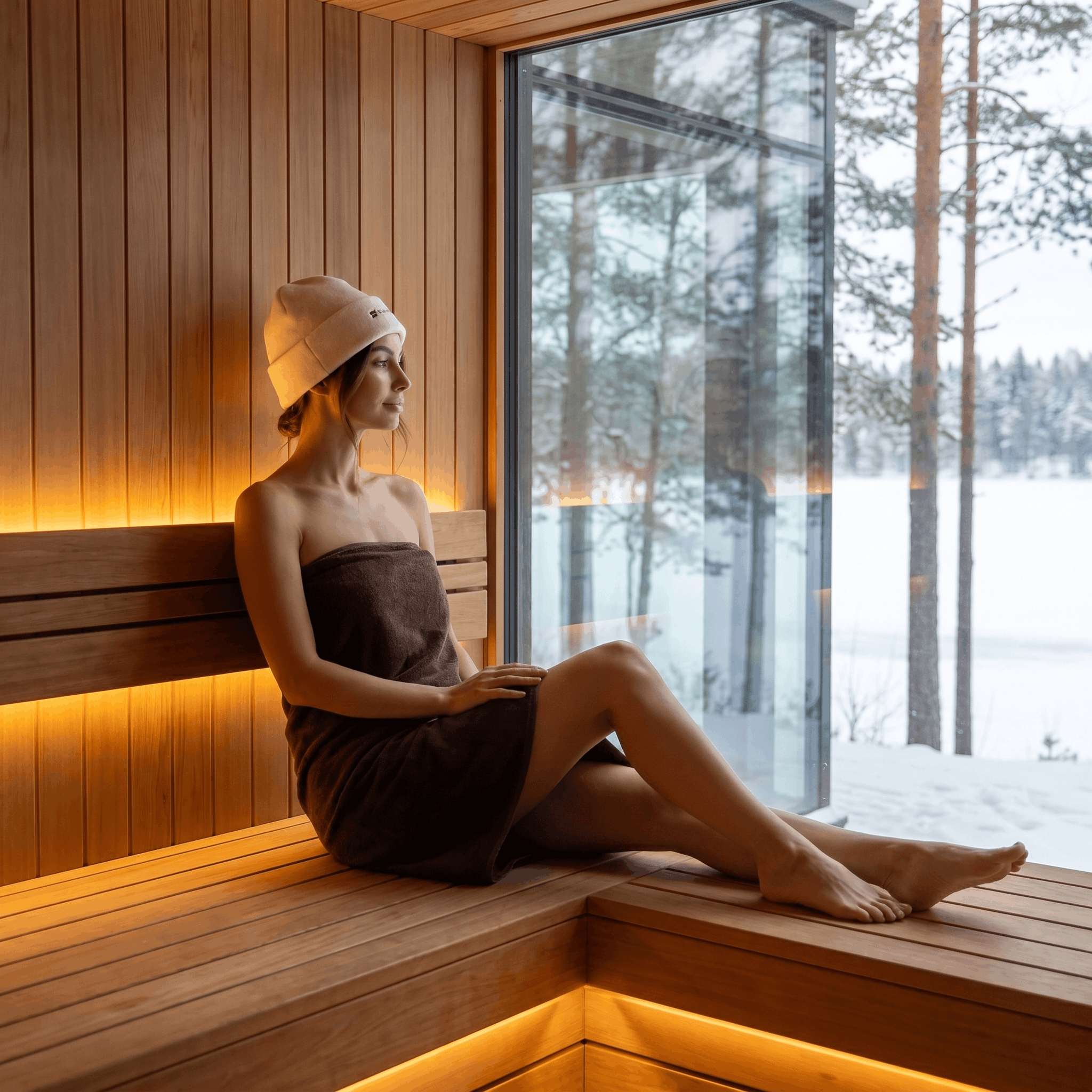 Woman in a white sauna hat relaxing beside a large window with snowy forest view
