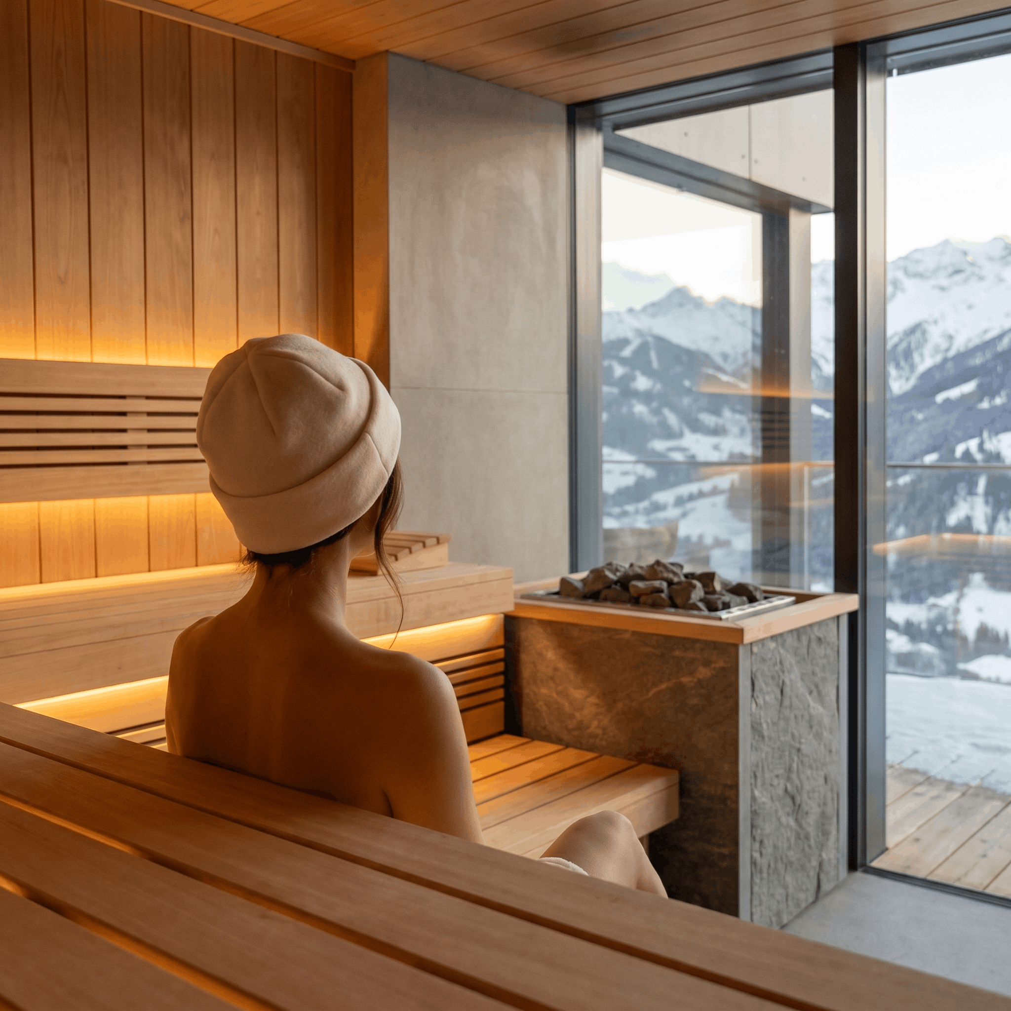 Woman wearing a white sauna hat while relaxing in a modern sauna with snowy mountain view