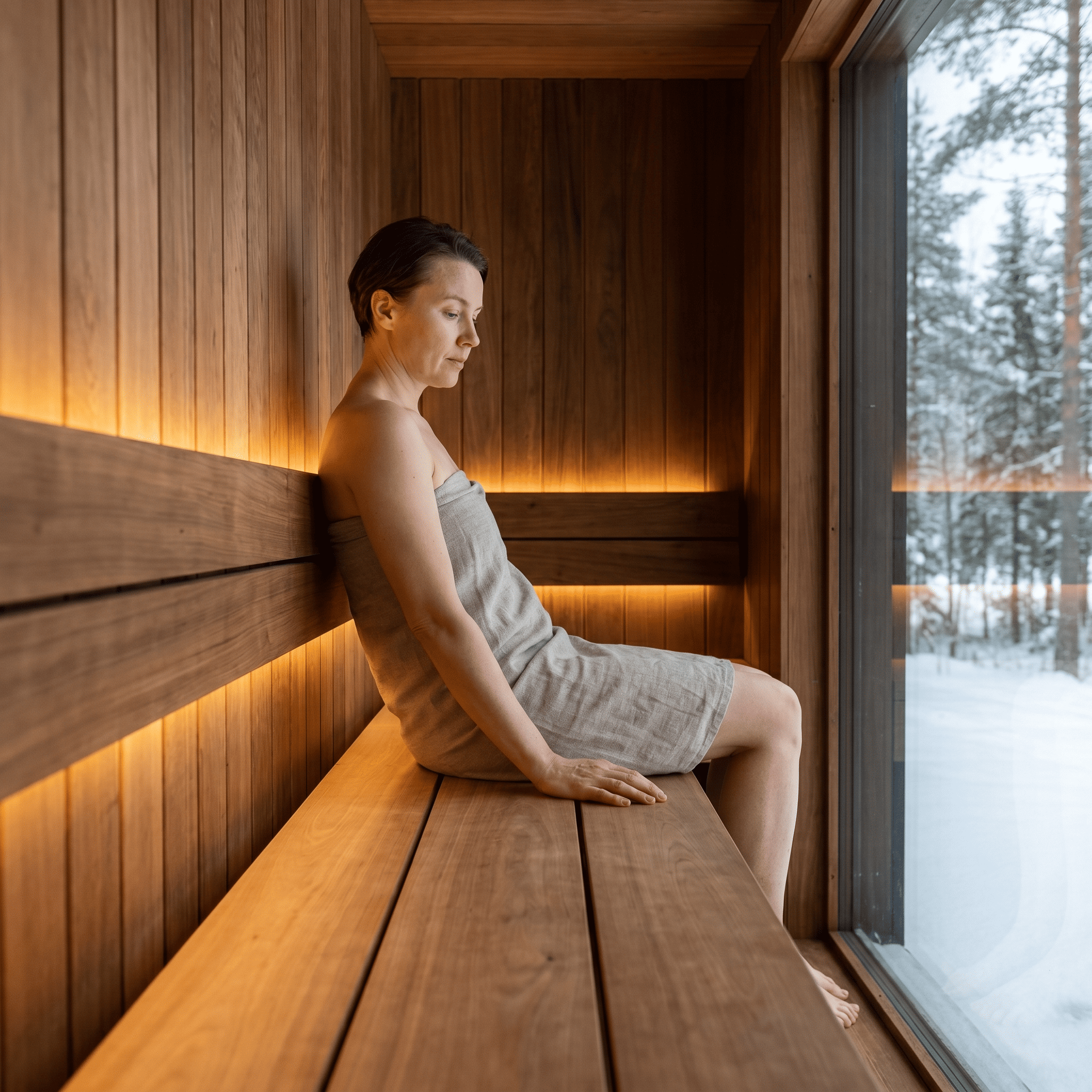Woman sitting in a sauna without back support, looking uncomfortable