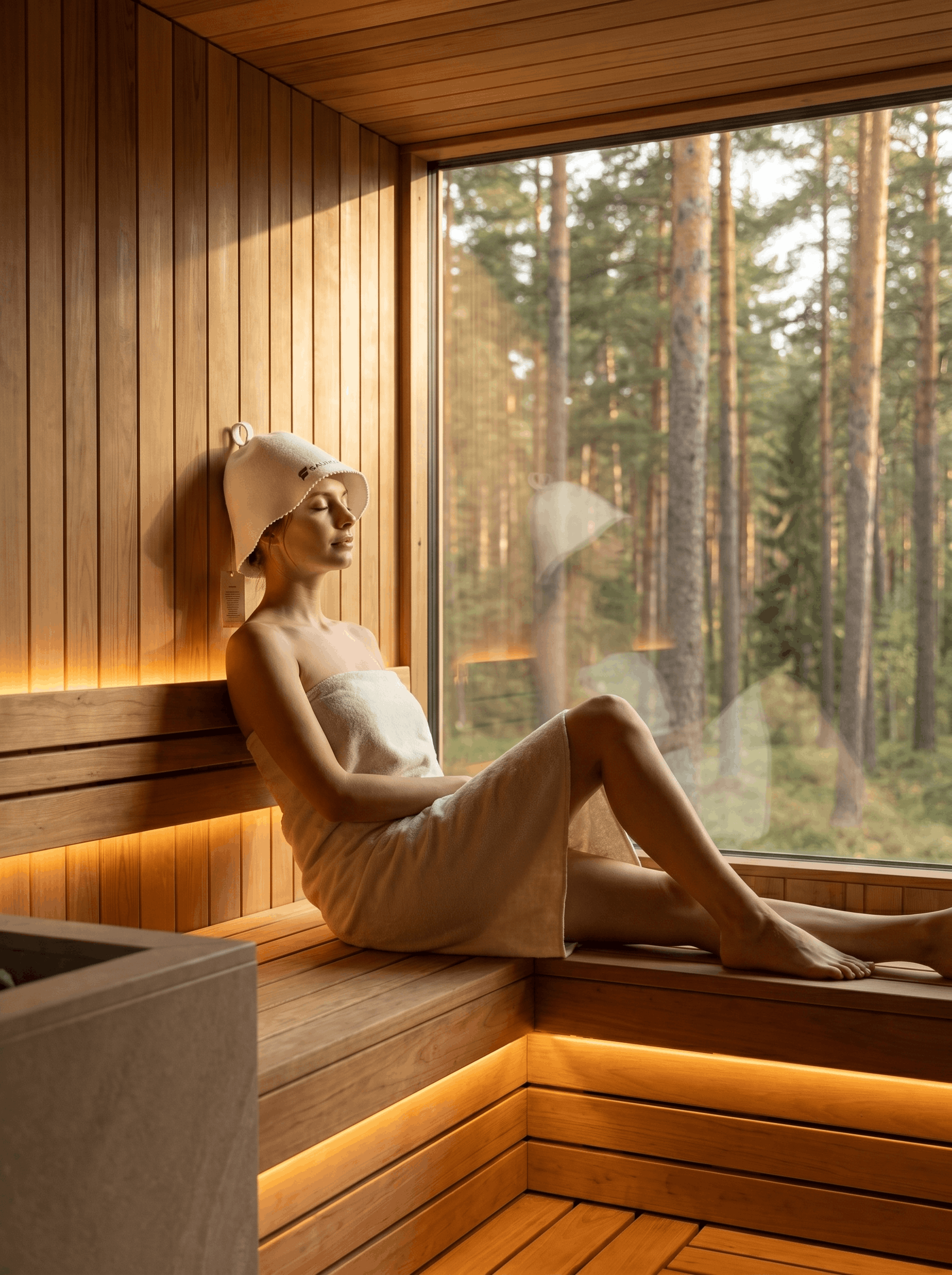 Woman relaxing in a wooden sauna while wearing a white merino wool sauna hat