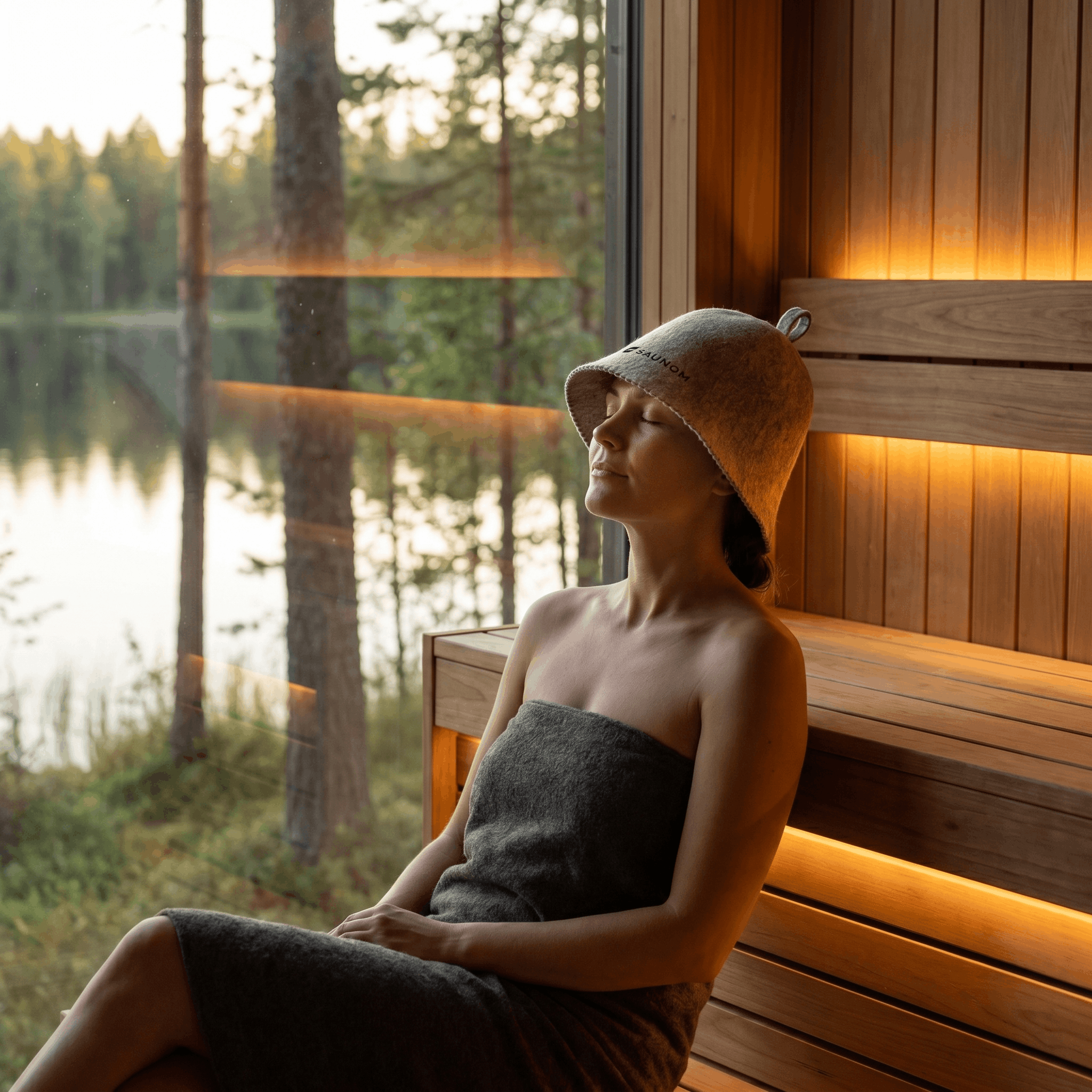 Woman relaxing in a lakeside sauna while wearing a grey wool sauna hat