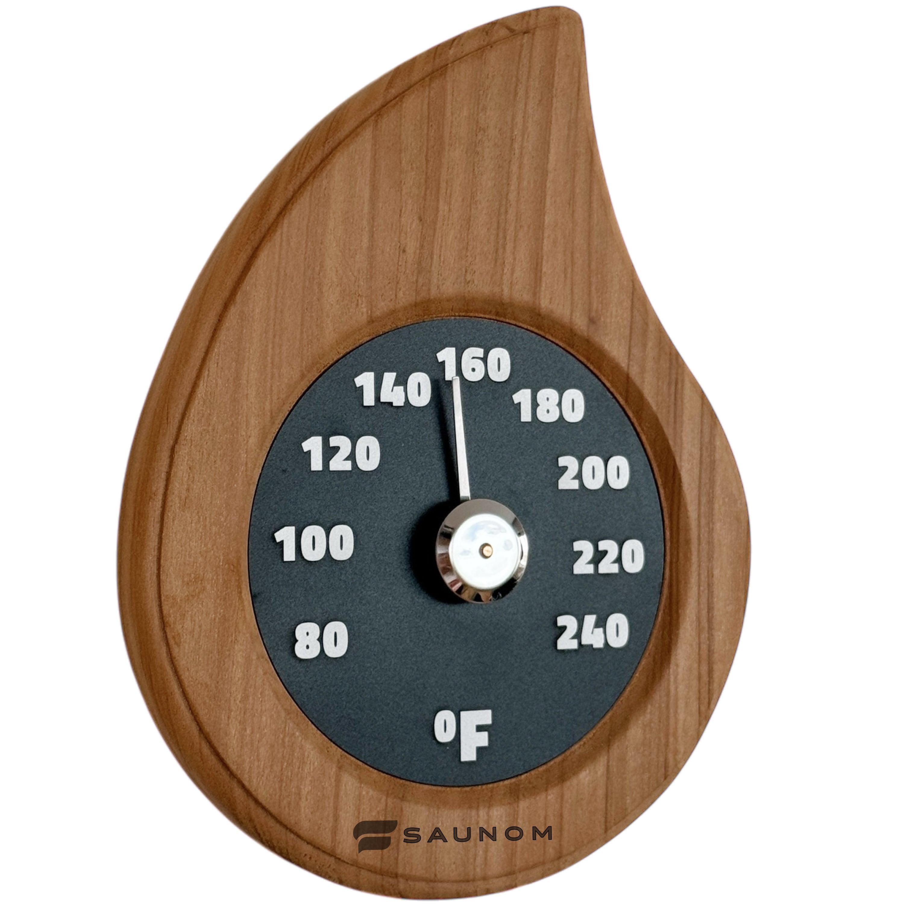 SAUNOM wood sauna thermometer in teardrop shape with dark dial on a white background